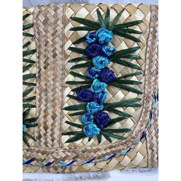 Vintage Straw Embroidered Floral Clutch Handbag Lined Snap Closure - Picture 2 of 12